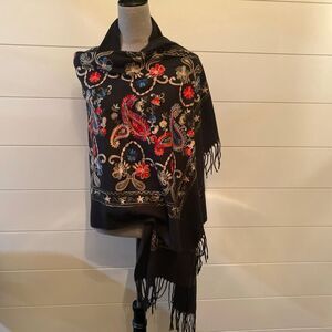 Jessica McClintock Flannel Embroidered Shawl Grey w/ Colorful Floral Design NWT